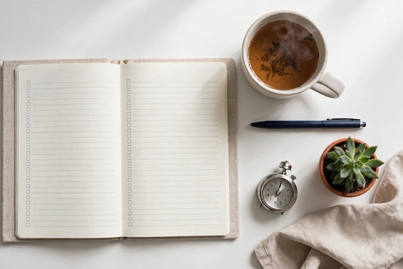 Sunday reset checklist notebook with pen, tea and plant on a clean desk