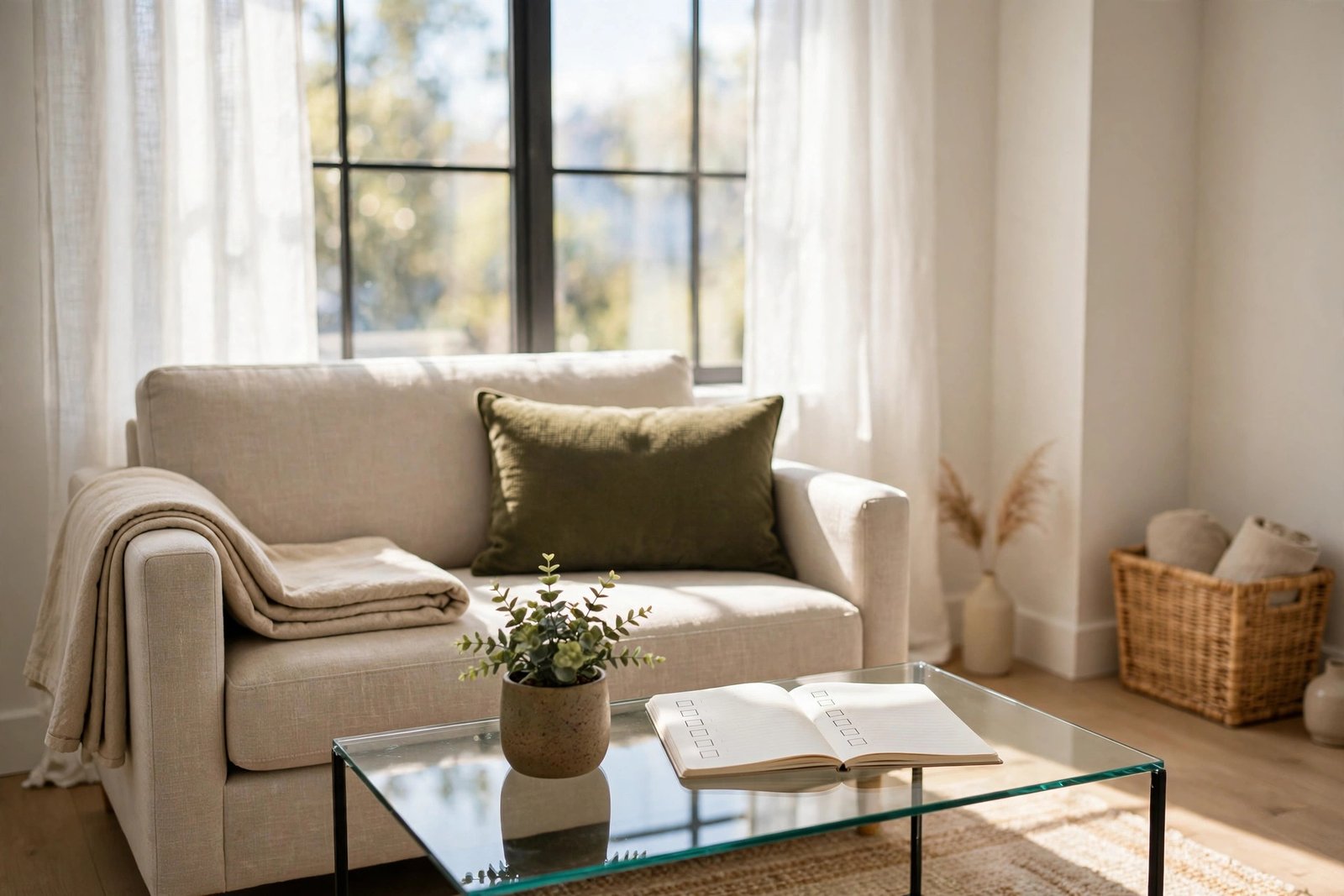 Calm small apartment living room after a Sunday reset with a checklist notebook on the coffee table
