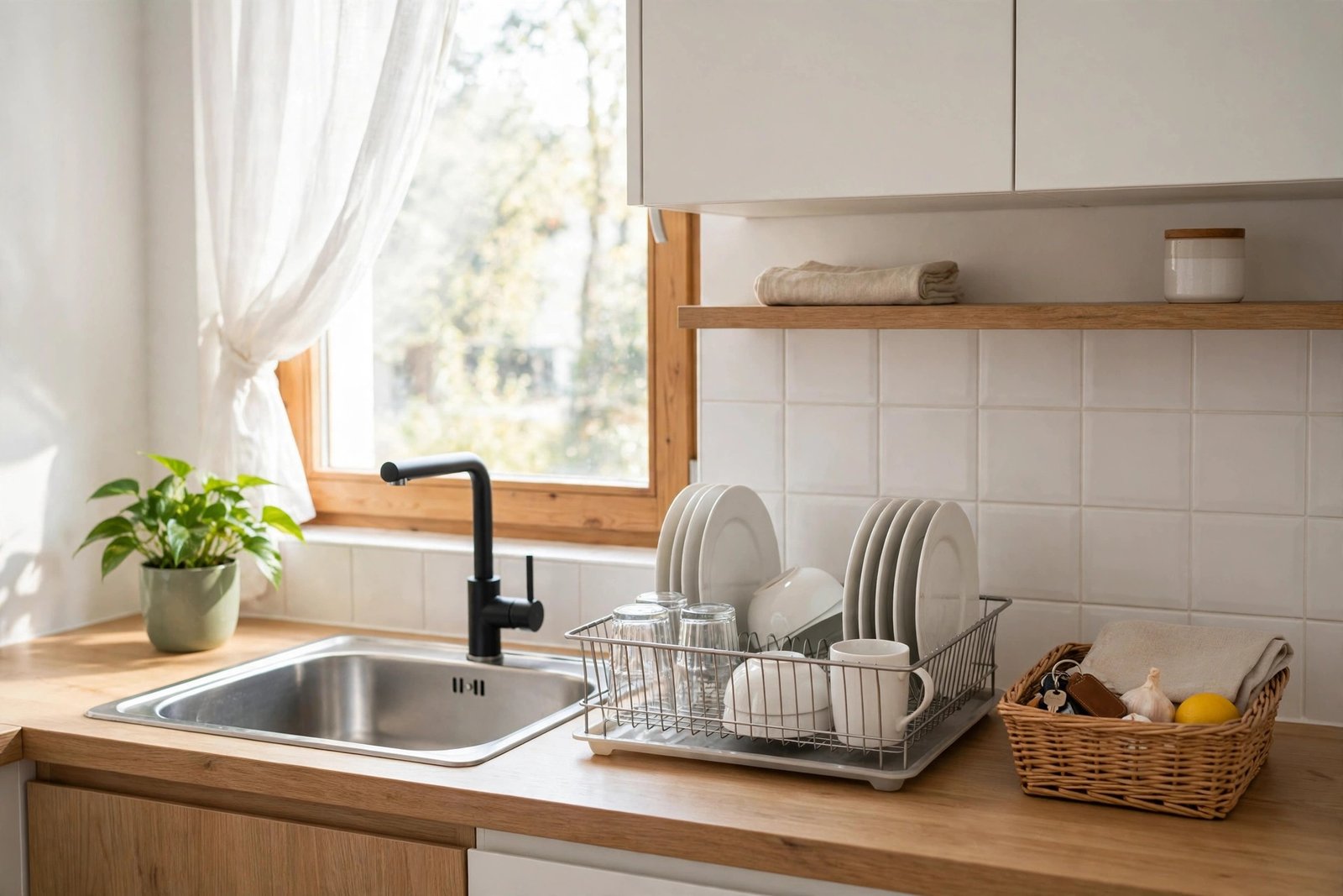 Small apartment kitchen with empty sink and clear counters after a reset